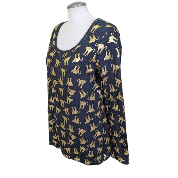 No Boundaries No Bo Black Metallic Gold Cat Print Shirt Women XL Long Sleeve - Picture 4 of 9
